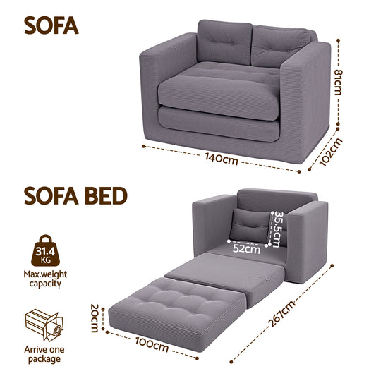 Artiss 2 Seater Corduroy Convertible Sofa Bed Pull Out Boneless Couch Grey
