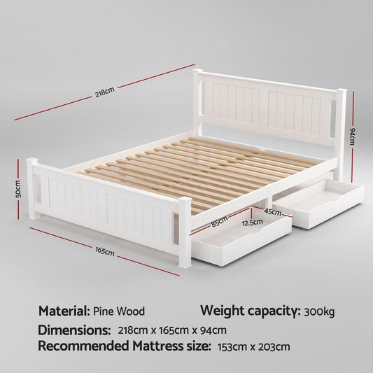 Artiss Bed Frame Queen Size Wooden Platform with 2 Storage Drawers White RIO