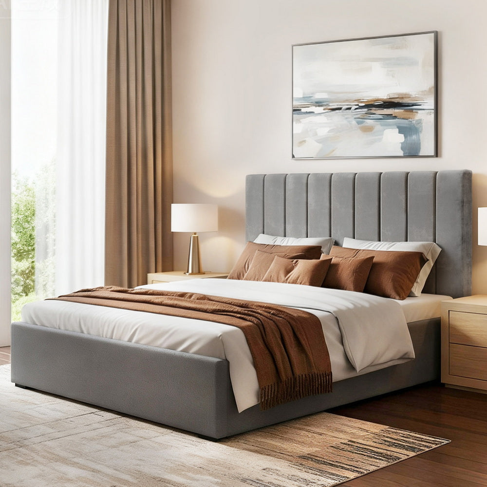 Artiss Queen Bed Frame with Storage Grey Velvet Headboard Gas Lift Platform Base
