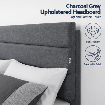 Artiss Queen Bed Frame Upholstered Platform Base with Geometric Headboard Charcoal Grey Linen Wood Slats for Modern Bedroom Furniture Home Decor
