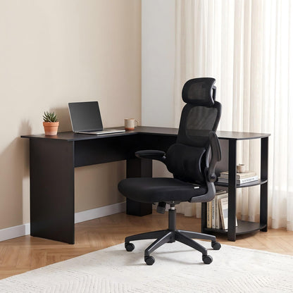 Artiss Office Desk and Chair Set L Shaped Computer Desk 136cm with 2 Tier Storage Shelves, Ergonomic Mesh Office Chair with Adjustable Headrest, Flip-Up Armrests & Lumbar Support