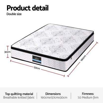 Giselle Bedding Double Mattress 30cm Pocket Spring Euro Top Medium Firm Foam