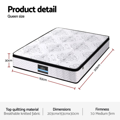 Giselle Bedding Queen Mattress 30cm Pocket Spring Euro Top Medium Firm Foam