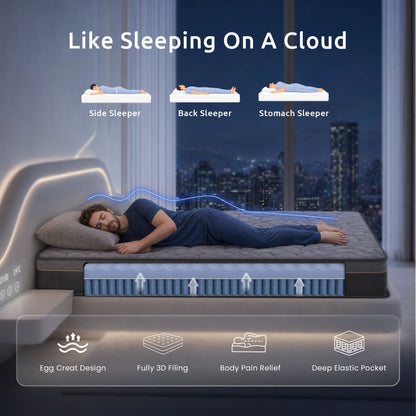Levitex 25 cm Hybrid Pocket Spring Mattress Firm with 4cm Egg Crate Foam for Deep Sleep Bamboo Charcoal Fabric Double