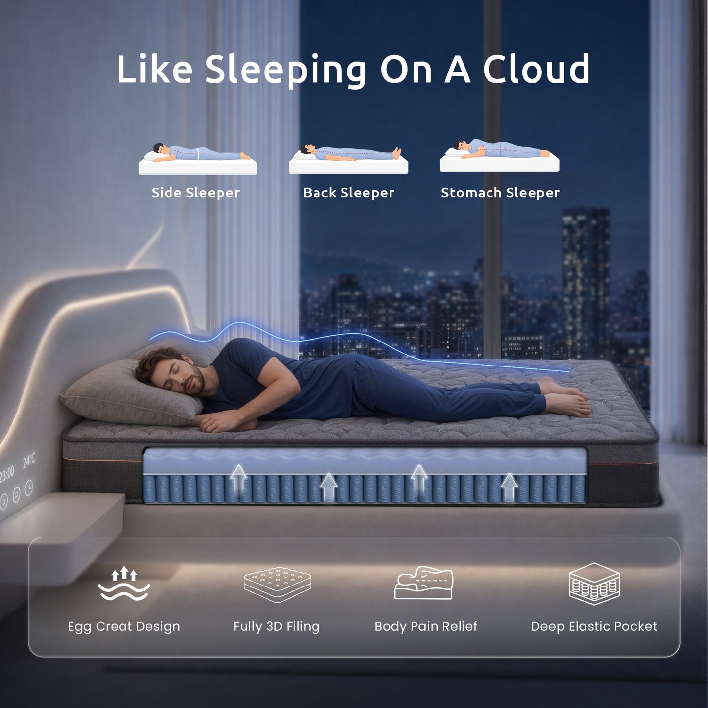Levitex 25 cm Hybrid Pocket Spring Mattress Firm with 4cm Egg Crate Foam for Deep Sleep Bamboo Charcoal Fabric Queen