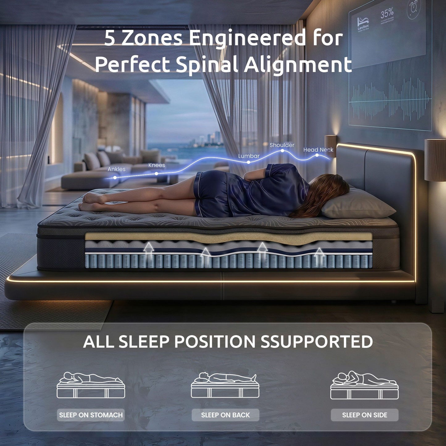Levitex 34 cm Pocket Spring Mattress with Reinforced Edge Support & 5-Zone Pressure Relief Breathable Gel Memory Foam Hybrid Mattress for Back Pain Double
