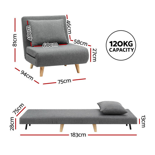 Artiss Sofa Bed Convertible Couch Recliner Lounge Chair Linen Grey