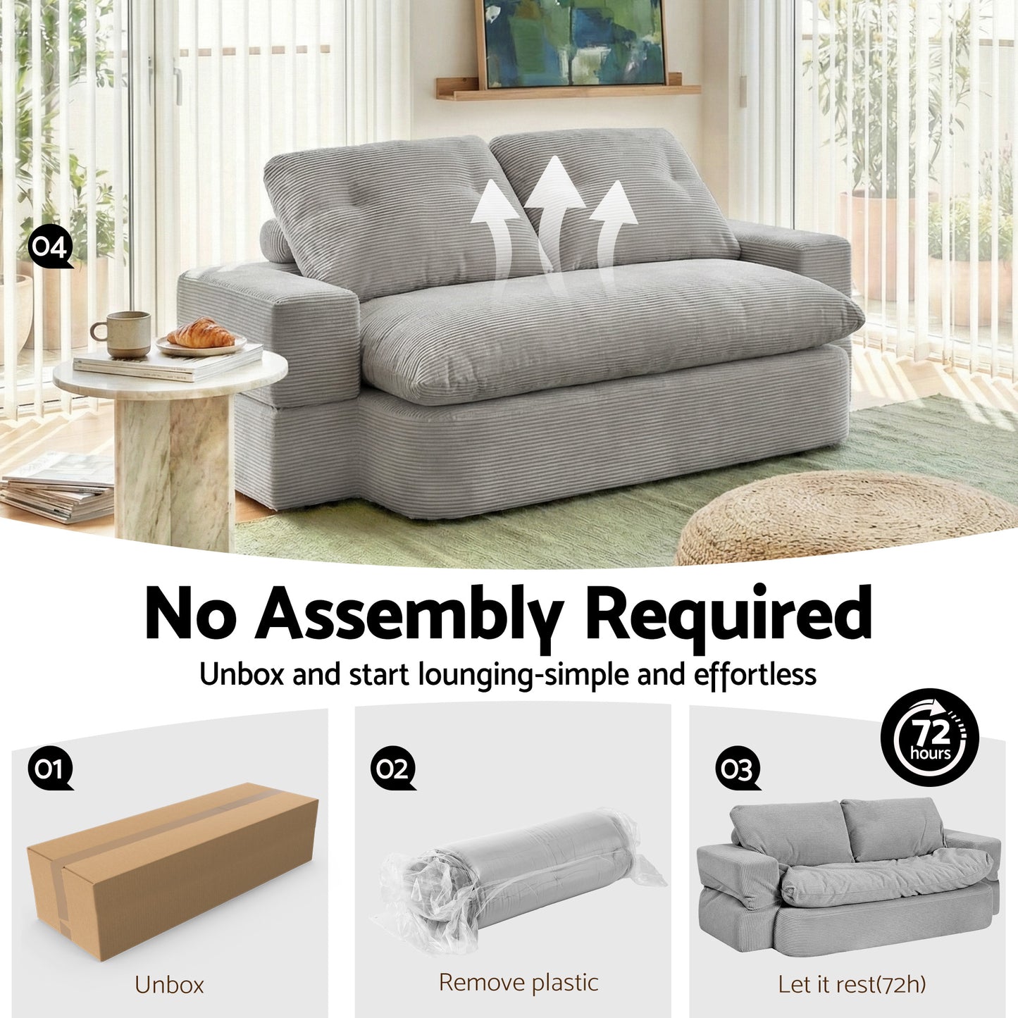 Artiss Convertible Folding Sofa Bed 30D High-Density Foam Boneless Couch with Corduroy Sleeper Couch Lounger for Living Room Grey