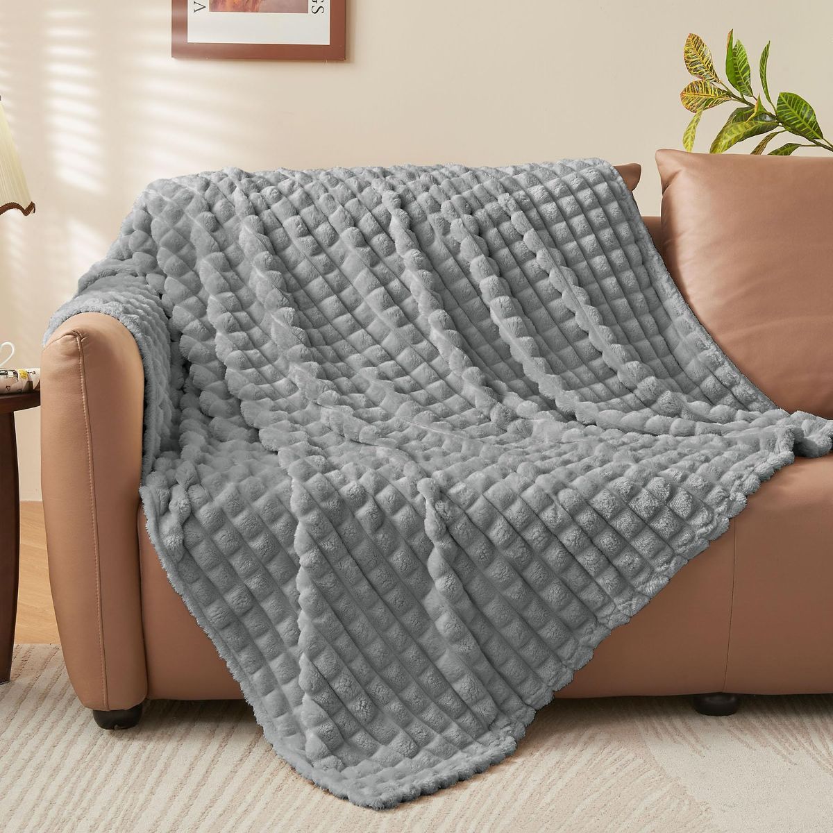 Updated Grey Throw Blanket for Couch and Bed- Super Soft and Warm 3D Checkered Fluffy Fuzzy Fleece Blanket, Luxurious Plush Cozy Blanket for Room Decor Spring - Gray - Size 150cm*200cm