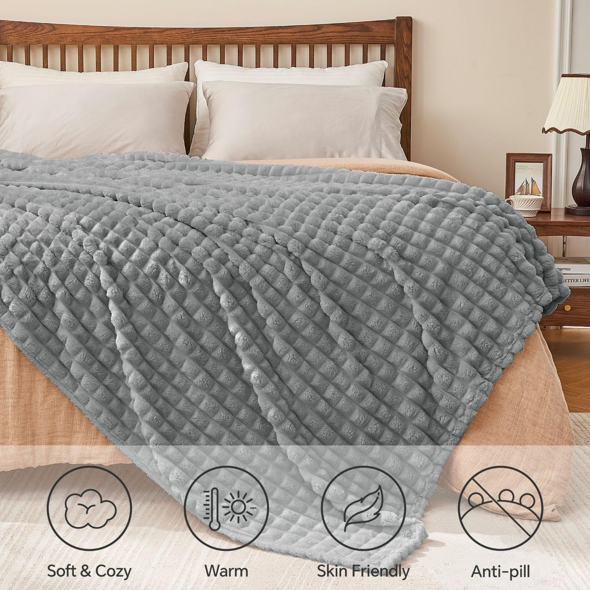 Updated Grey Throw Blanket for Couch and Bed- Super Soft and Warm 3D Checkered Fluffy Fuzzy Fleece Blanket, Luxurious Plush Cozy Blanket for Room Decor Spring - Gray - Size 200cm*230cm