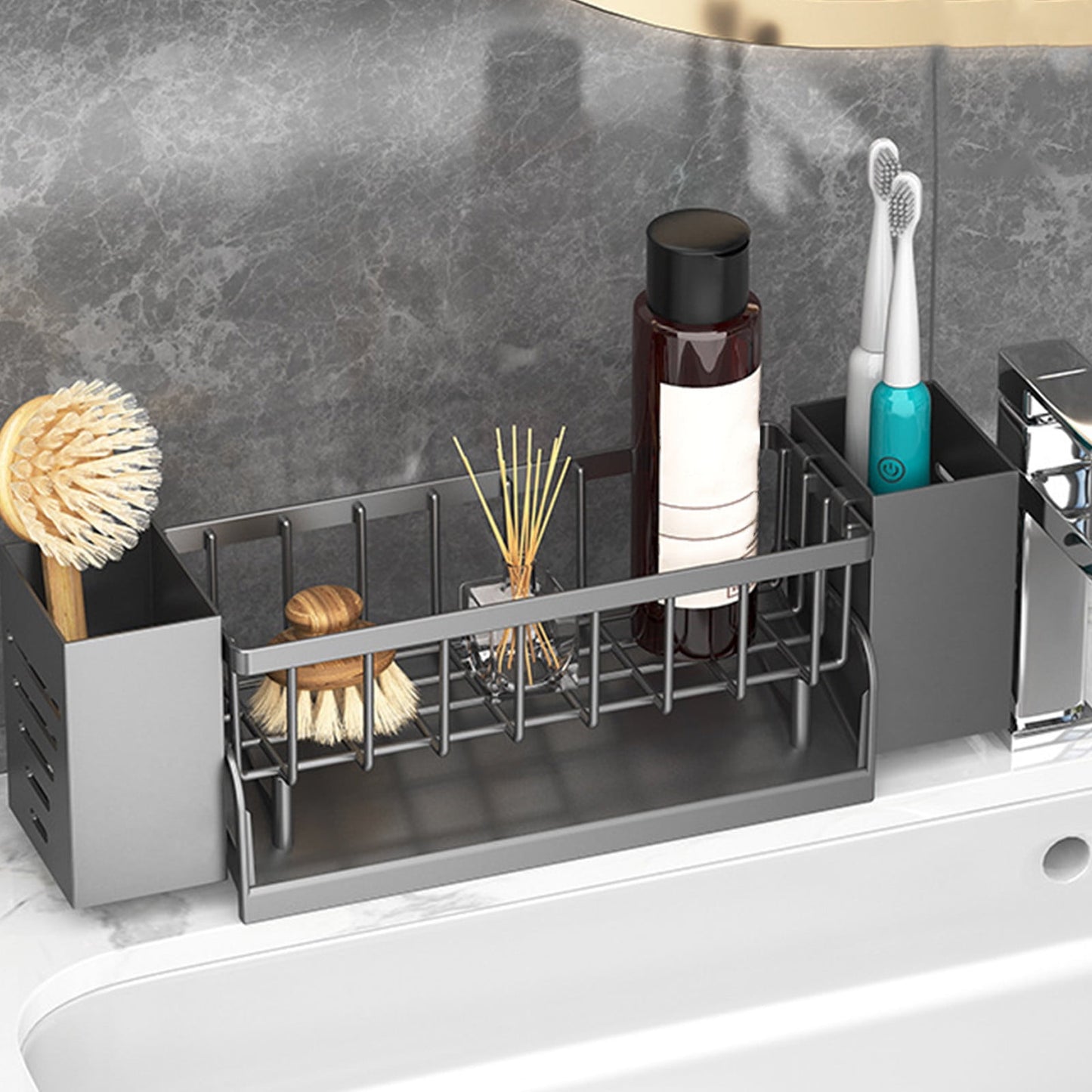 Xuniizn Pantry Organizers and Storage - Kitchen Organizers and Storage Rack, Sink Countertop Multifunctional Holder for Rags, Chopsticks, Knives & Forks - Kitchen Organization & Storage Solution Gray