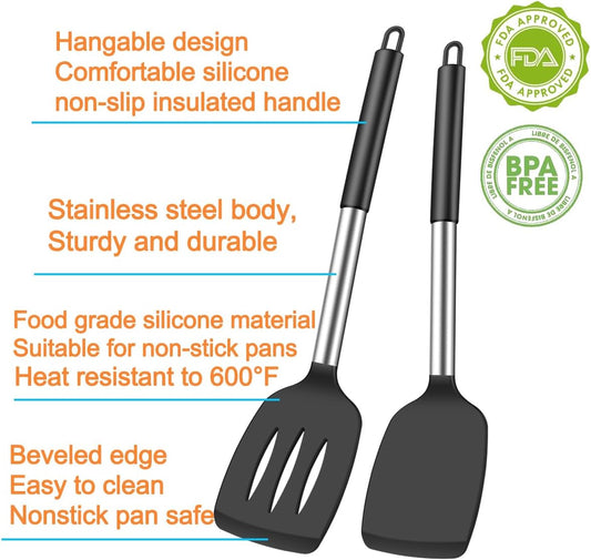 4Pcs Silicone Spatula Turner Slotted Spatula Set Spoon, Spatulas Silicone Heat Resistant Wok Rubber Spatulas for Nonstick Cookware Spatula Cooking Kitchen Utensils Set