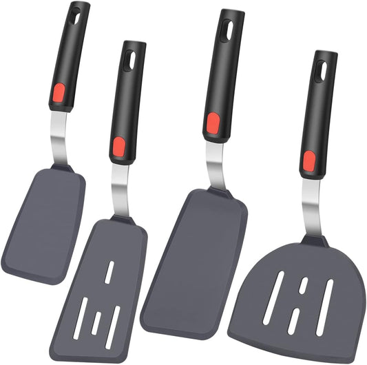 4Pcs Spatula Silicone Heat Resistant Flexible Rubber Silicone Spatulas for Nonstick Cookware, Burger Pancake Spatula Turner Large Spatulas Set for Cooking Kitchen Utensils Set Black