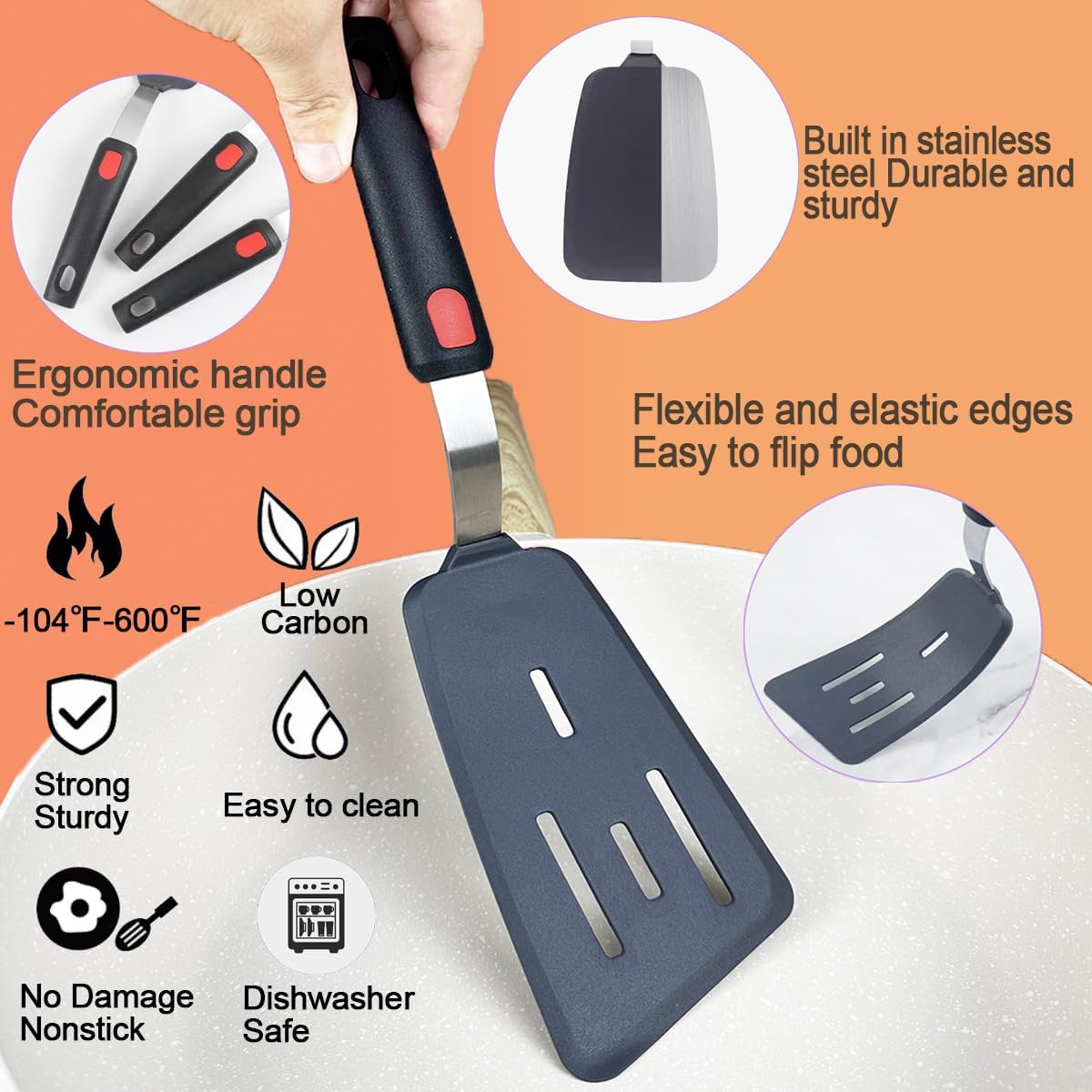 4Pcs Spatula Silicone Heat Resistant Flexible Rubber Silicone Spatulas for Nonstick Cookware, Burger Pancake Spatula Turner Large Spatulas Set for Cooking Kitchen Utensils Set Black
