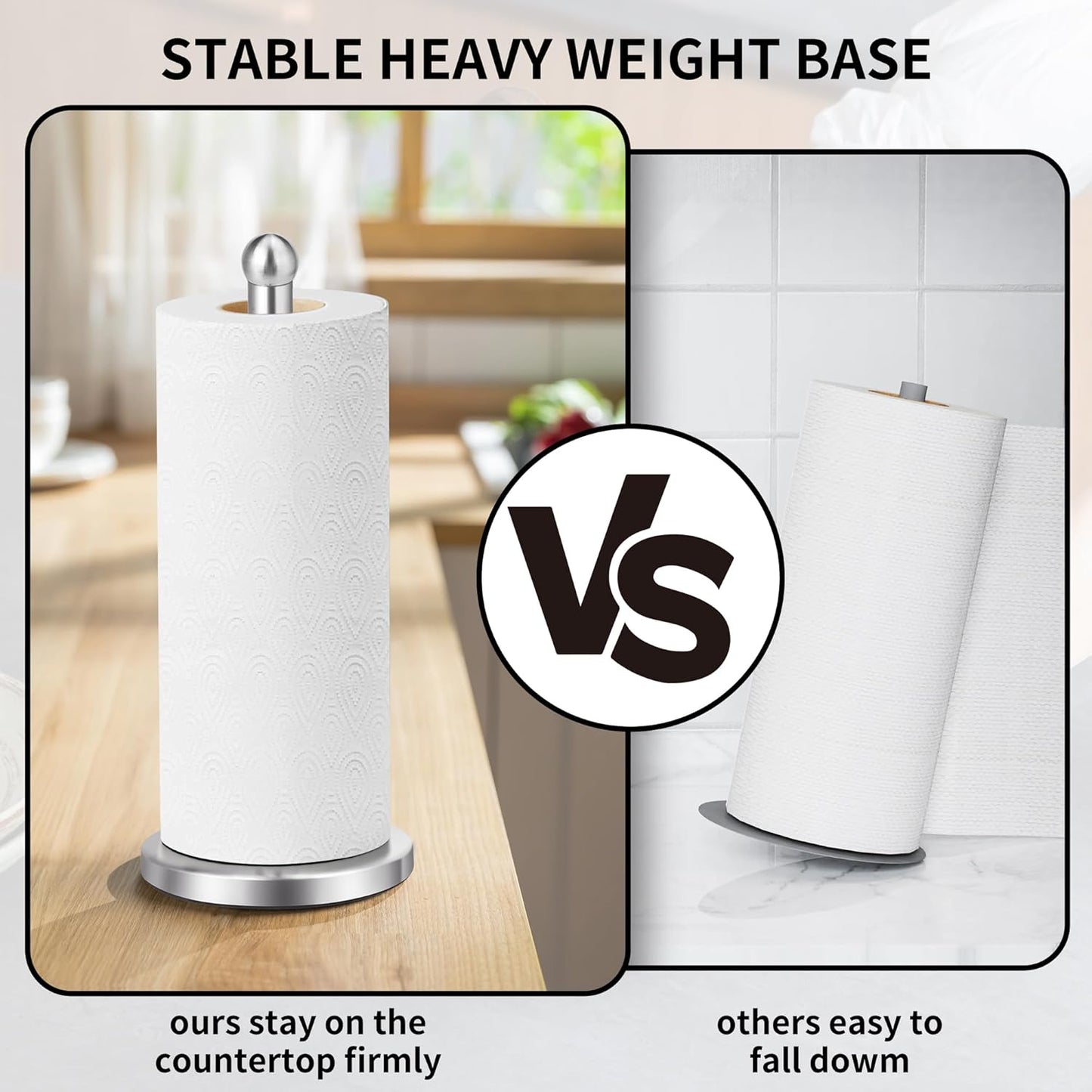 Paper Towel Holder with Solid Weighted Base for Standard and Large Size Rolls (Silver)