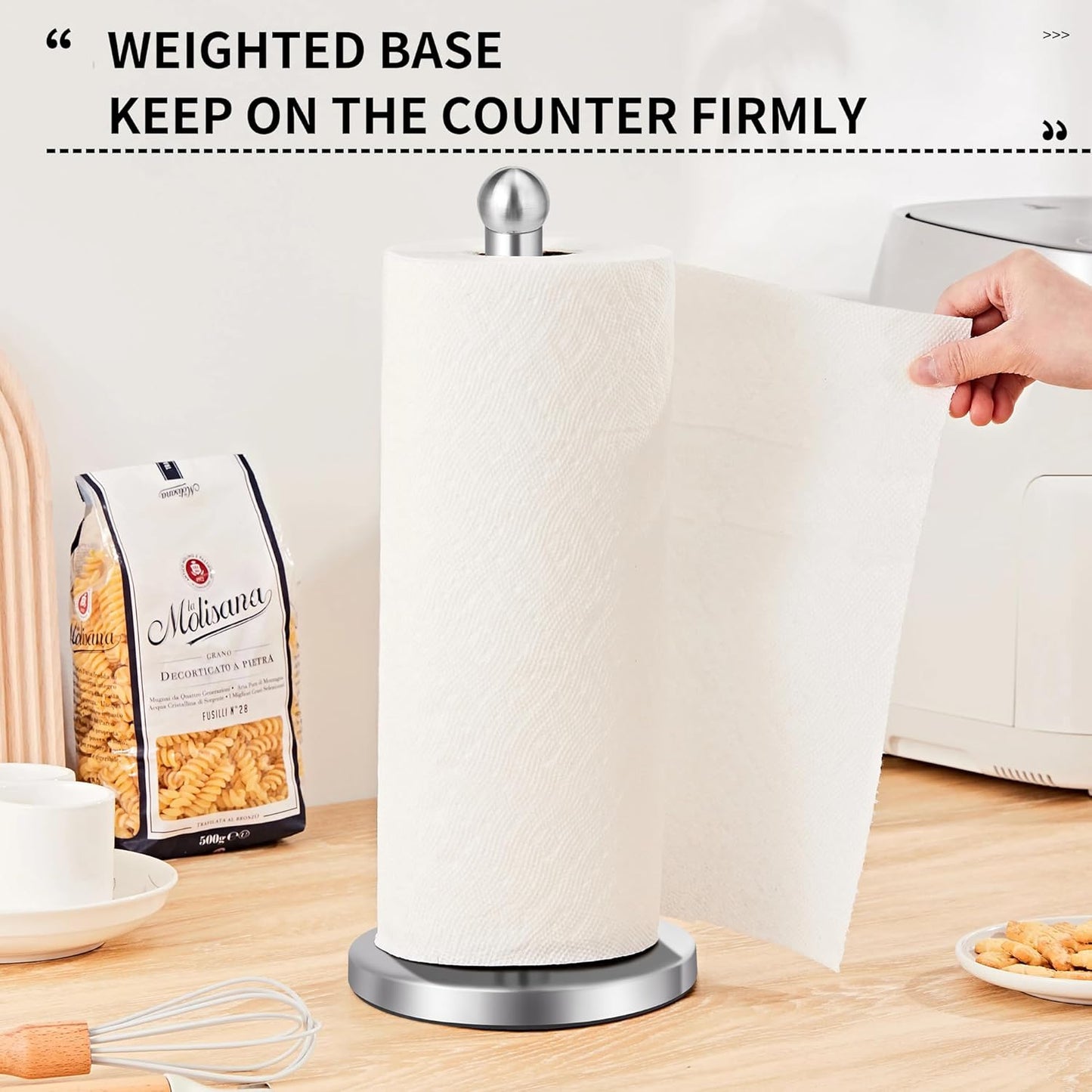 Paper Towel Holder with Solid Weighted Base for Standard and Large Size Rolls (Silver)