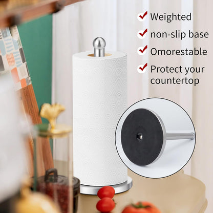 Paper Towel Holder with Solid Weighted Base for Standard and Large Size Rolls (Silver)