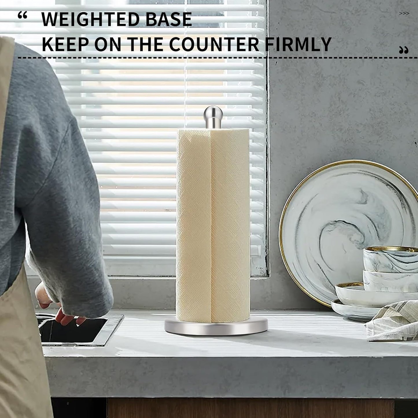 Paper Towel Holder with Solid Weighted Base for Standard and Large Size Rolls (Silver)