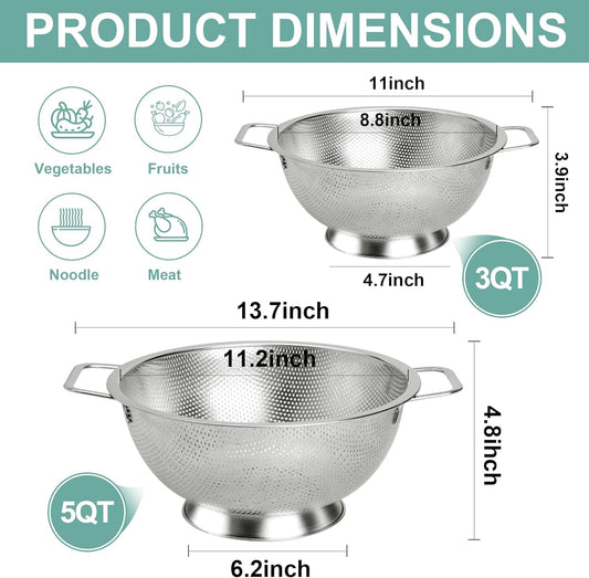 Colander Stainless Steel 3-Quart, Kitchen Strainer for Pasta, Fruits Vegetables, Dishwasher Safe