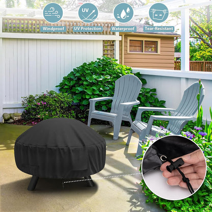 Round Fire Pit Cover for 22-32 Inch Fire Pit - Waterproof and Windproof, with Straps and Built-in Vents, 32 Dia x 13.5 H, Black