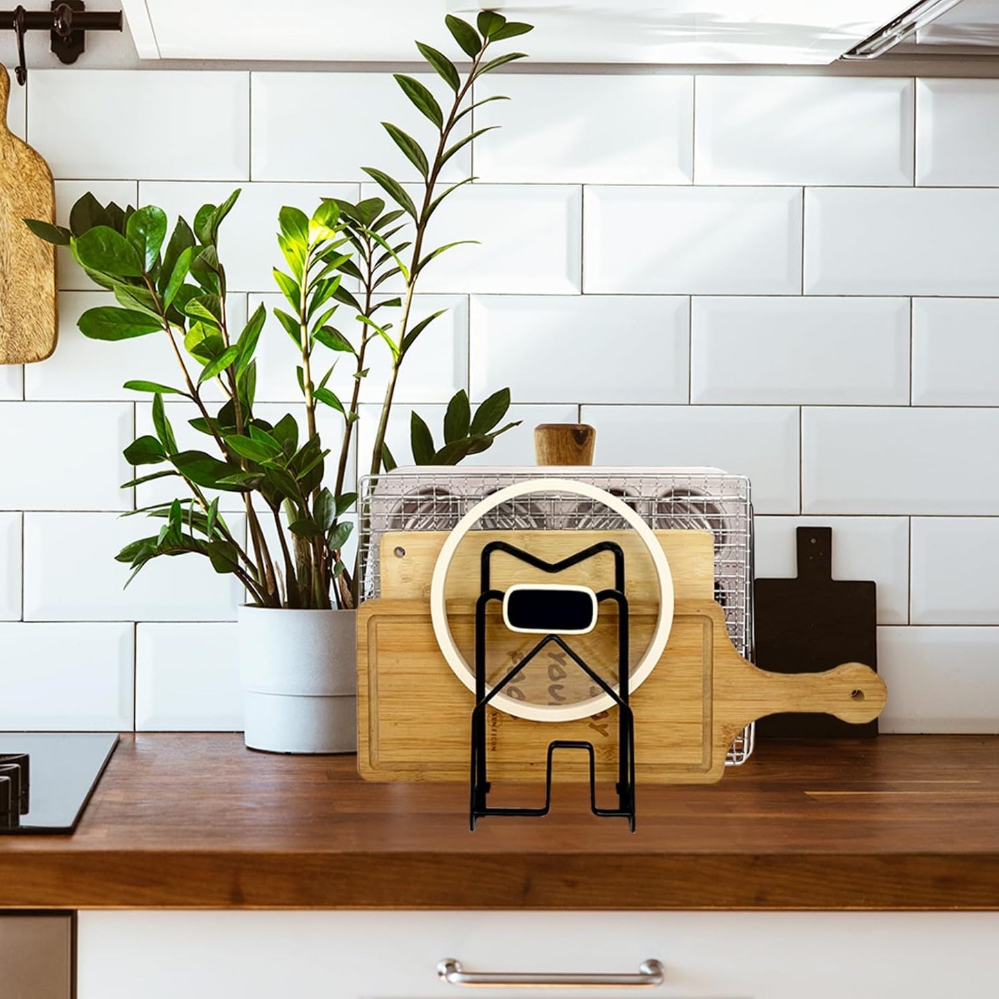 SUNIFCON Cutting Board Rack Organizer Chopping Board Stand Holder Kitchen Countertop Pots Pan Lids Rack Organizer Flat Steel 4.92 x 5.71 x 8.46 in. Black