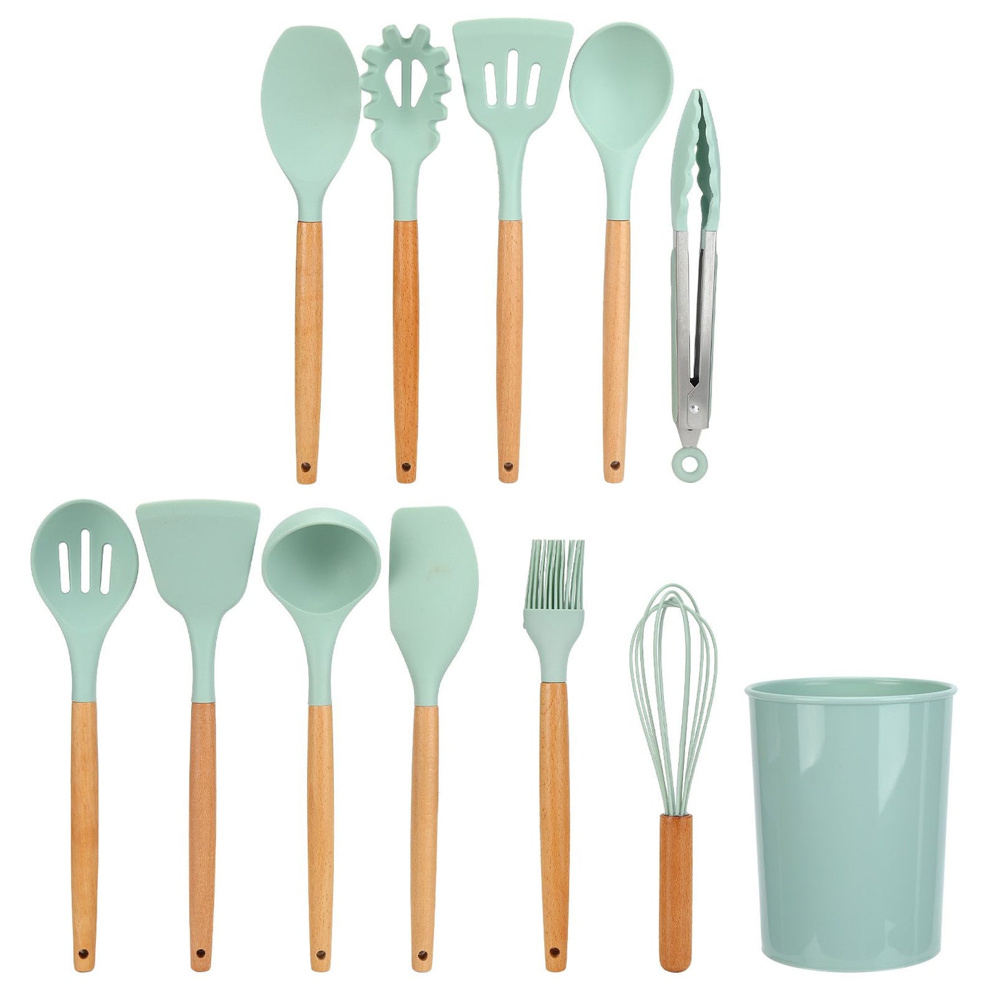 12Pcs/Set Cooking Utensil with Wooden Handle Silicone Cooking Tool for Home KitchenLight Green