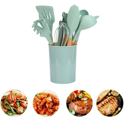12Pcs/Set Cooking Utensil with Wooden Handle Silicone Cooking Tool for Home KitchenLight Green