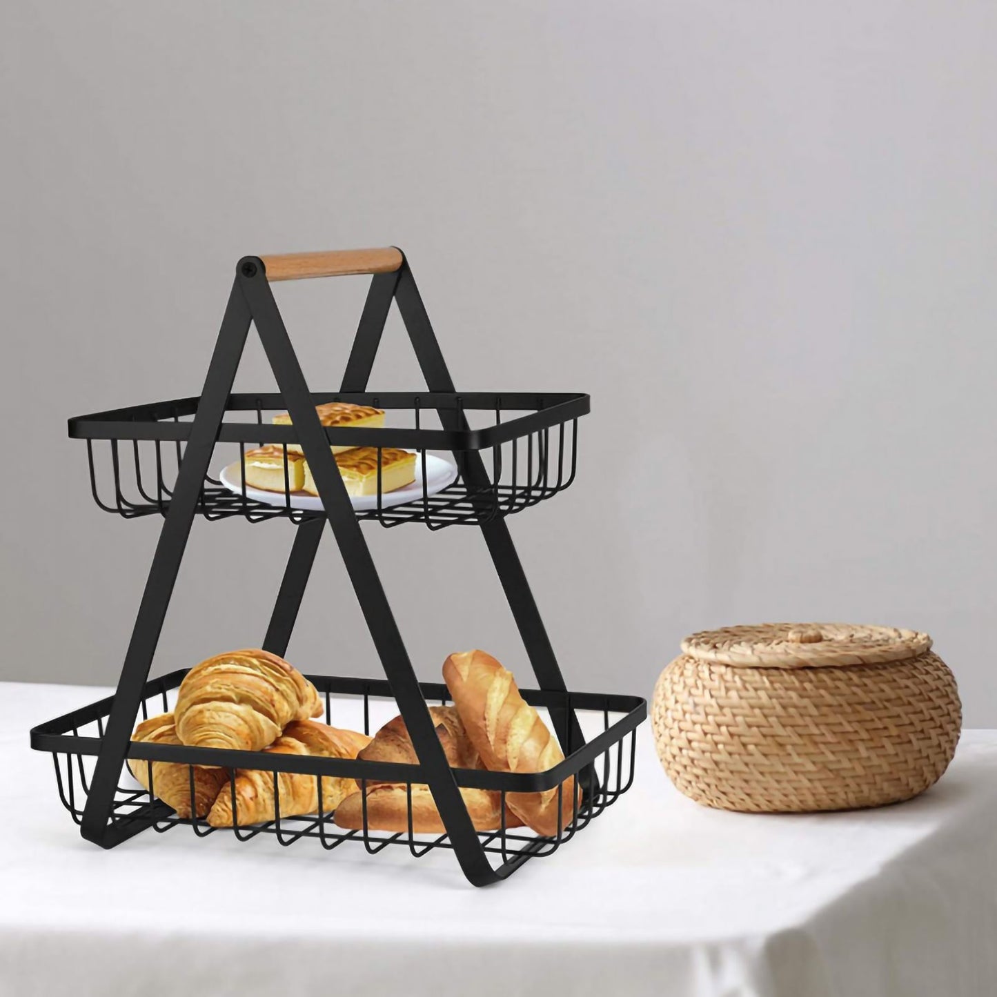 Storage Basket Iron Wood 2 Layers Detachable Fruit Vegetable Shelf Rack for Living Room Kitchen Desktop Black
