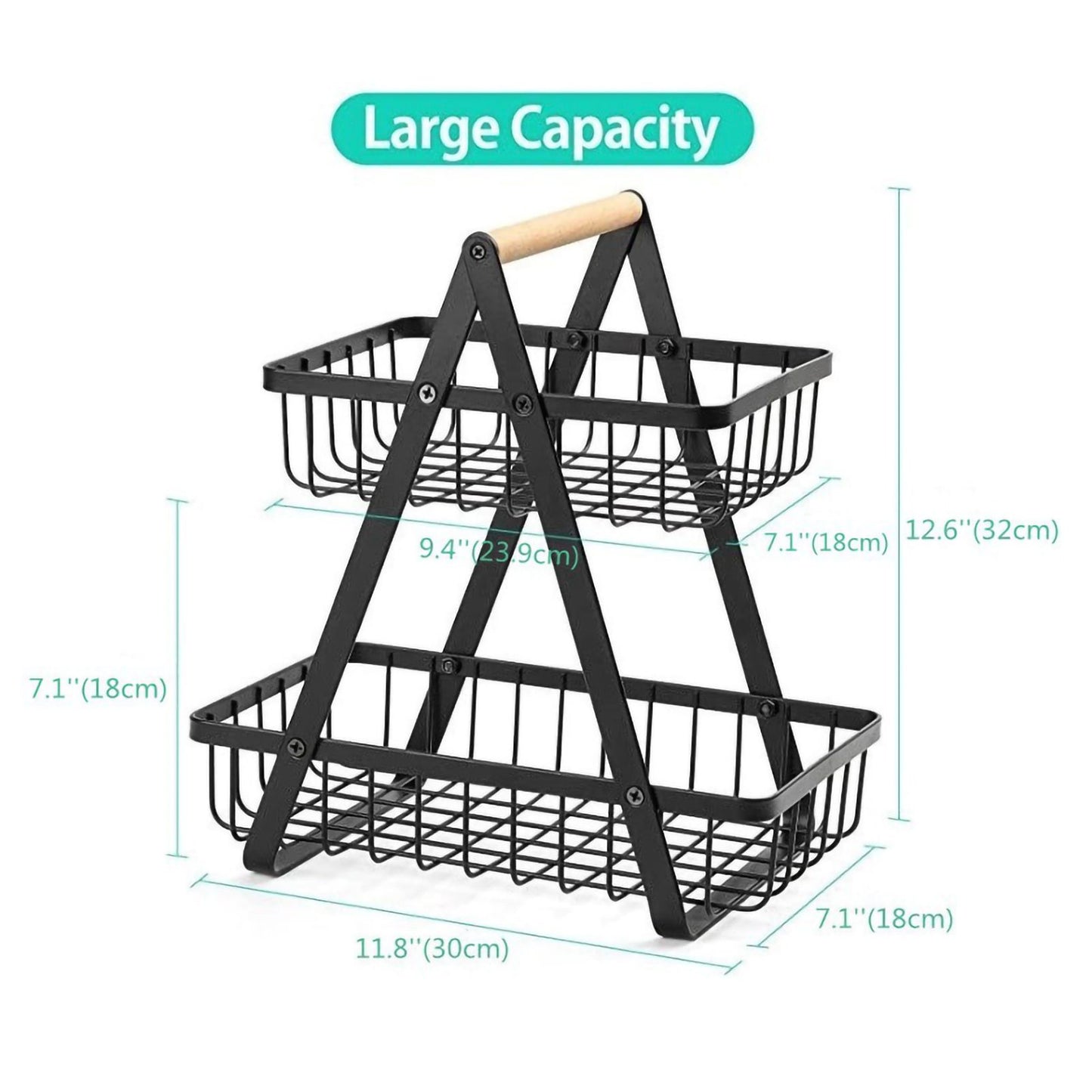 Storage Basket Iron Wood 2 Layers Detachable Fruit Vegetable Shelf Rack for Living Room Kitchen Desktop Black
