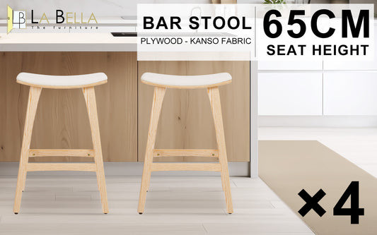 4X Wooden Bar Stool Padded Fabric Dining Chair KANSO 65cm BEIGE